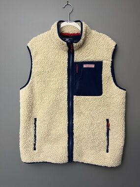 Vineyard Vines Men’s Cream Sherpa Vest with Navy Pocket - Size XL